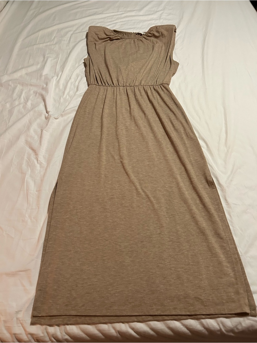 Wayf Taupe Midi Dress with Elastic Waist